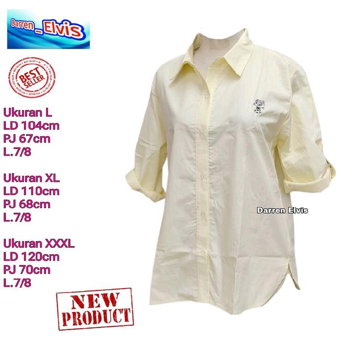 Kemeja Katun Wanita Warna Kuning Pastel / Motif Bordir Boneka Kucing