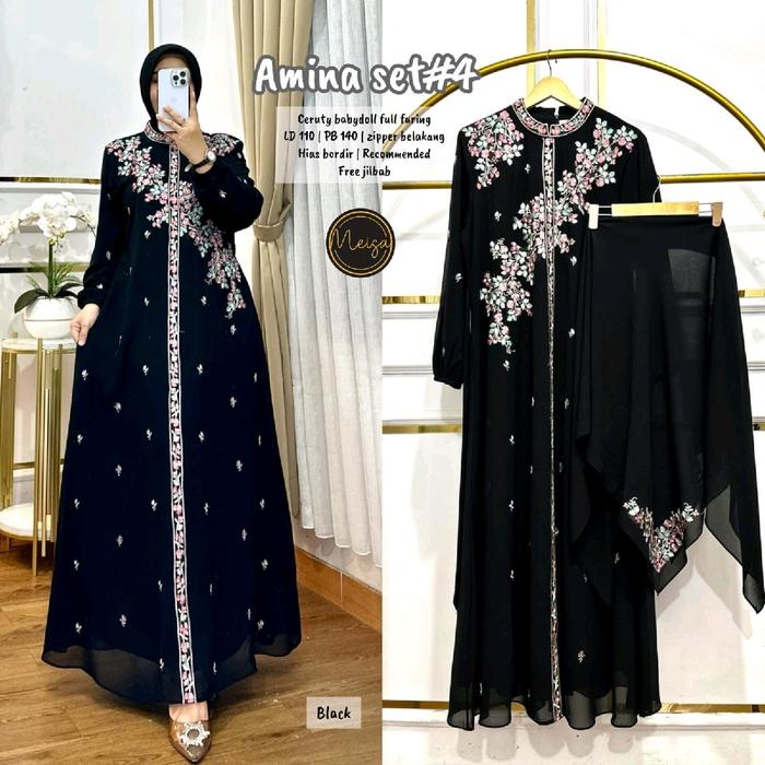 AMINA SET JILBAB (LABEL SAVNA) | GAMIS CERUTY BORDIR SET JILBAB SEGIEMPAT RECOMMENDED BUAT SERAGAM P