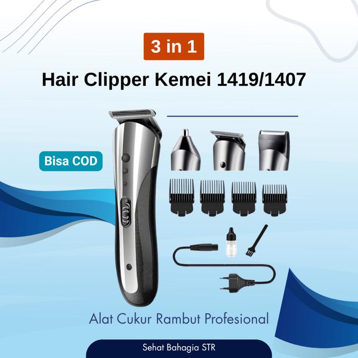 3in1 Alat/Mesin Cukur Rambut Kumis dan Jenggot Elektrik Hair Clipper Kemei KM 1419/ KM 1407 Original