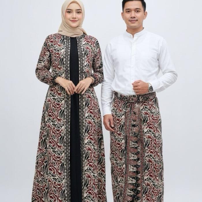 COUPLE GAMIS RAYON TWILL DAN SARUNG KATUN BATIK Setelan Sarimbit Pasangan Dress Lebaran Baju Wanita