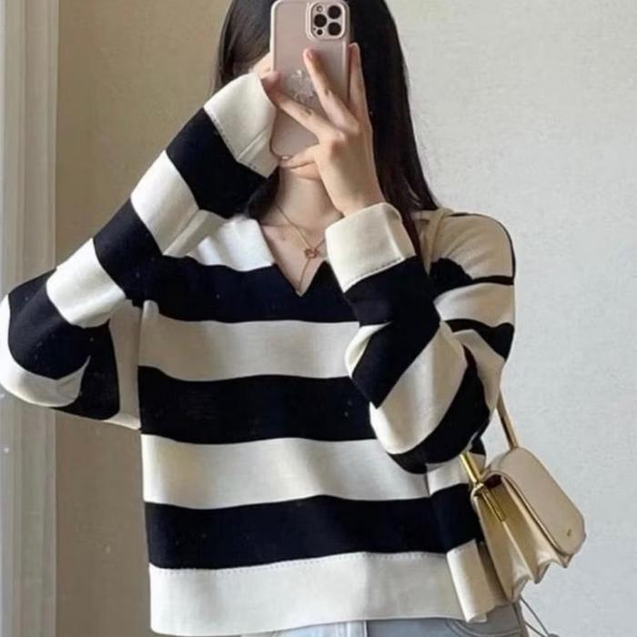Fuji Atasan Rajut Blouse Bb30-50Kg Croptop Blaster Garis Salur Fuji Sweater Baju Belang Baju Kerah K