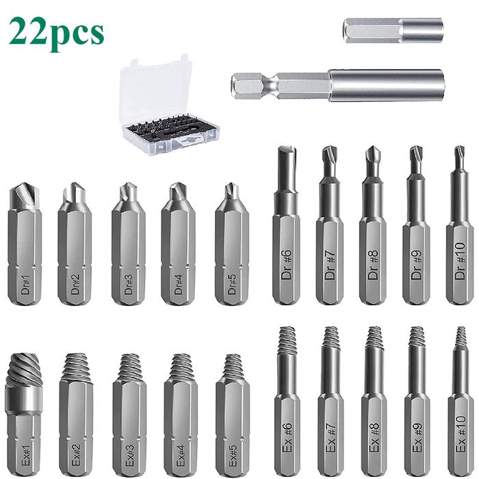 22Pcs Damaged Screw Extractor Drill Bit Set Stripped Screw Extractor
