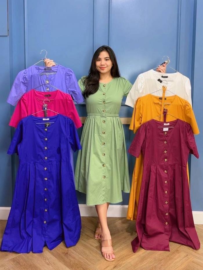Emma.Butik E00061 Midi Dress Wanita Polos Gaun Cotton Putih Sidi Casual Simple Button Cantik Pesta K