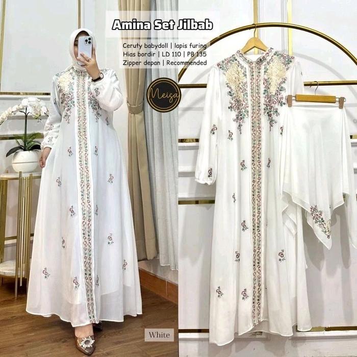 amina set jilbab gamis set hijab gamis muslim gamis ceruty baju muslim gamis putih bordir