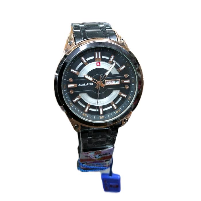 Auxland Jam Tangan Pria Original Rantai Padat Hitam Rosgold Tanggal Hari Aktif Gaya Sporty Elegan Si