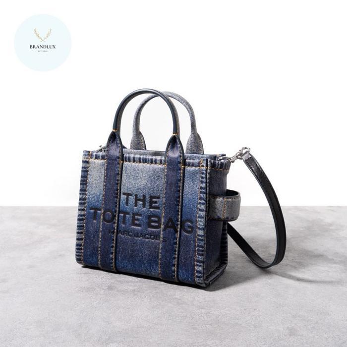 MARC JACOBS MINI TRAVELER TOTE BAG DENIM PRINTED LEATHER