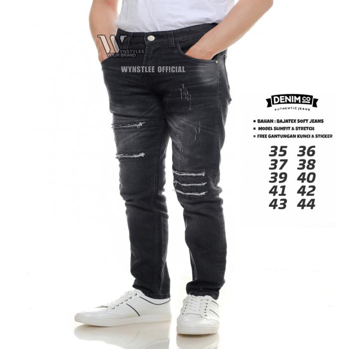 BIG SIZE JUMBO Celana Jeans Pria Panjang Sobek Ripped Black Wisker CMJEE05 Destroy Slim Fit Stretch 