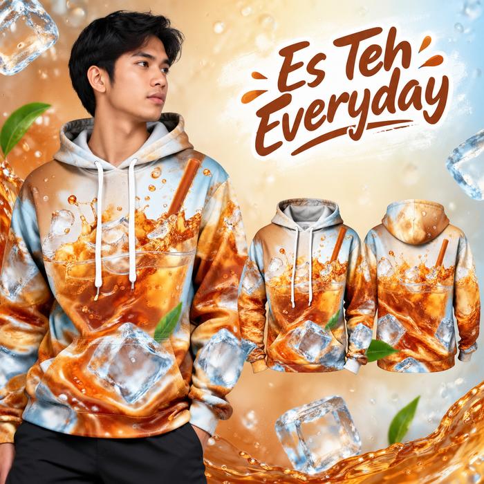 Hoodie Pria 3D Cetak Es Teh Jeruk dengan Es Batu dan Daun Segar, Warna Oranye Biru Putih, Model Pull