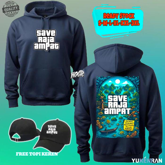 HOODIE JUMPER PRIA WANITA SAVE RAJA AMPAT V2 DESIGN KEREN BAHAN KATUN FLEECE FREE TOPI HITAM Panjang