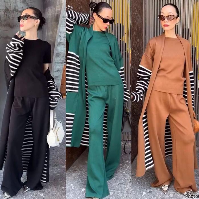 Oneset Rajut Set Long Cardi Premium Nyaman Formal Cardigan Panjang Wanita Topi Celana Jumpsuit