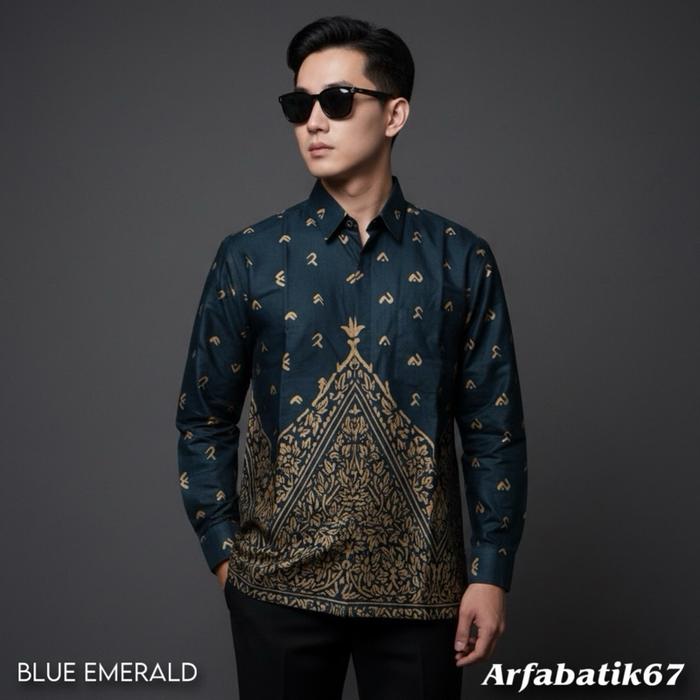 MAKASSAR BLUE EMERALD Kemeja batik pria lengan panjang dan lengan pendek katun pria premium lapis fu