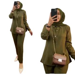 SETELAN RAYON KEMEJA ONE SET CP WANITA SETELAN CP MOTIF SETELAN POLOS Baju Celana Kancing Kerah  Dau