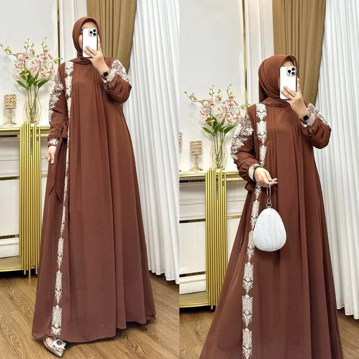 Ayyara Boutique - Gamis Hikmat Ceruty Babydoll Model Bordir Lurus Bordir Variasi Manik Full Puring S