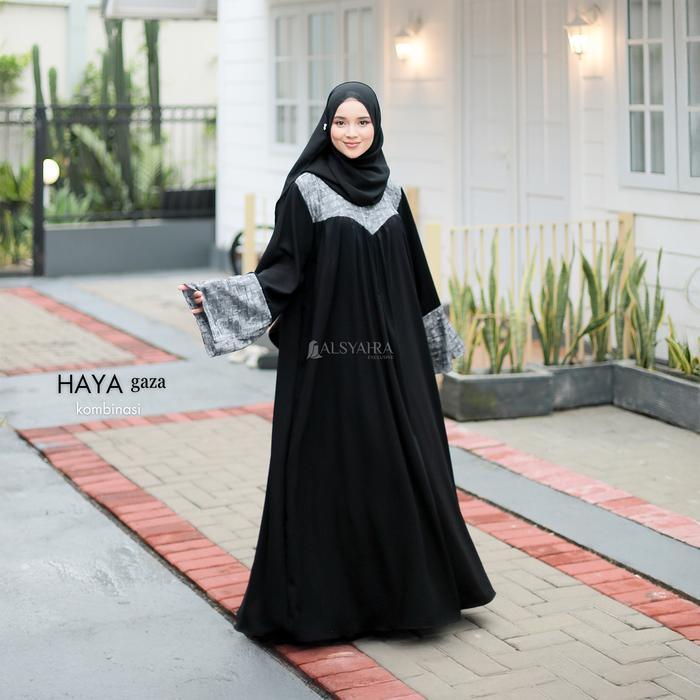 Alsyahra Exclusive Abaya Gamis Syari Haya Gaza Jetblack Kombinasi Dress Jumbo Original untuk Wanita