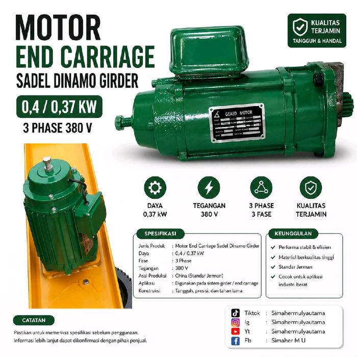 Motor End Carriage Sadel Dinamo Girder 0,4 0,37 KW 3 Phase 380