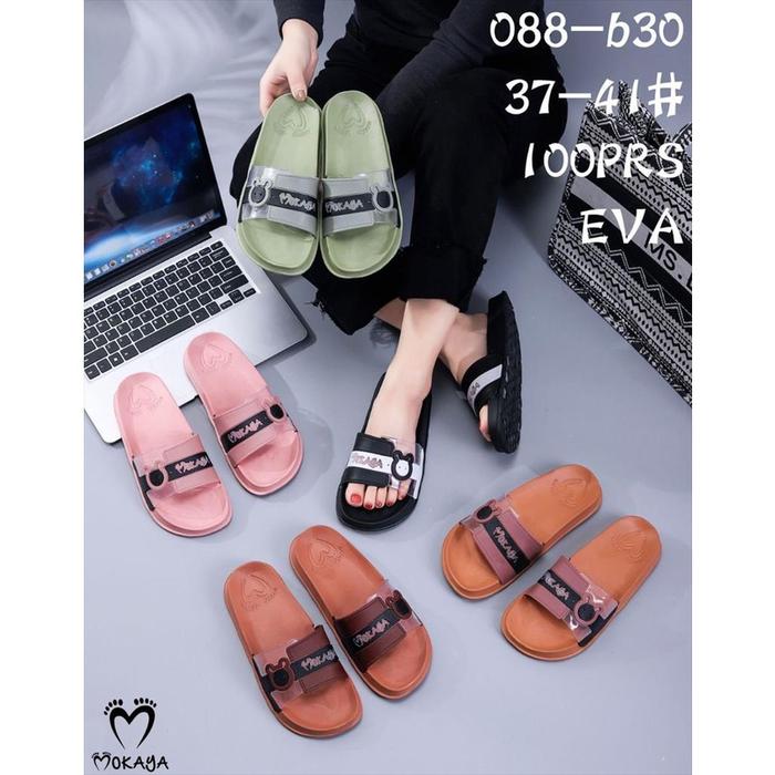 Sandal Slop Jelly Wanita Ban Strip Mokaya Gerper Bear Sama Warna Mix Transparant Cantik Keren Elegan