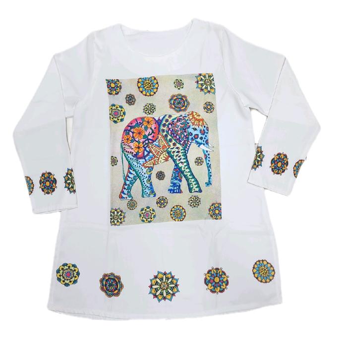 ATasan tunik putih printer motif elephant.TERBARU