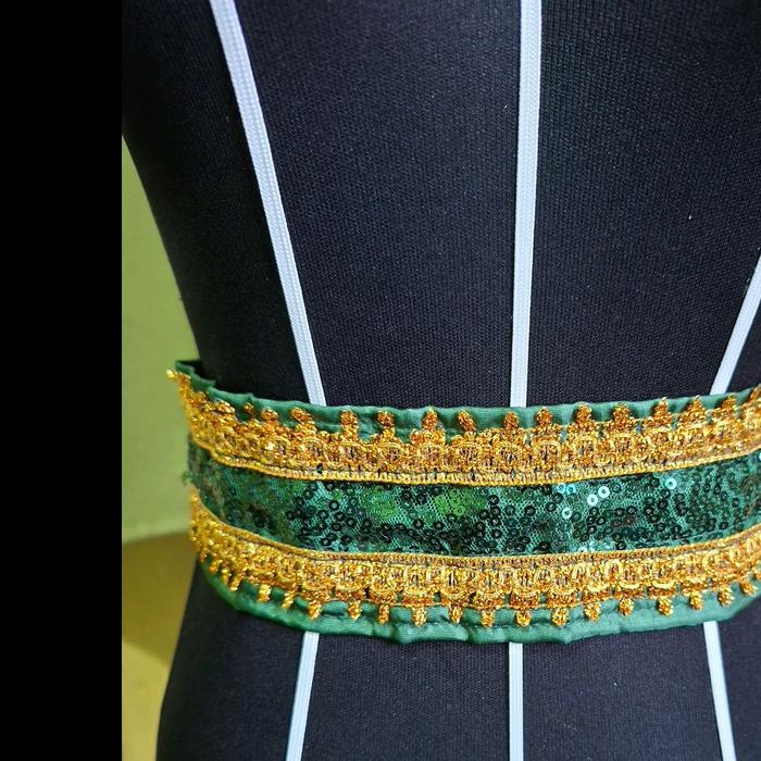 Sabuk Tari Kreasi Hijau Botol Sequin Renda Emas