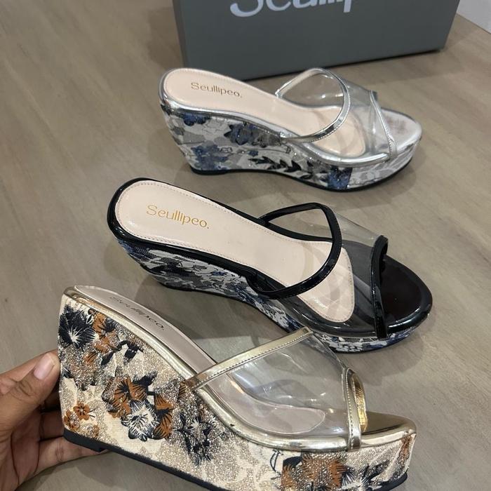 sandal wedges 7cm glitter bunga mika transparan