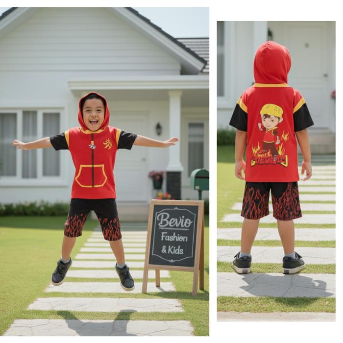 Kostum Boboiboy Api Baju Anak Laki Cowok Setelan Pendek Karakter