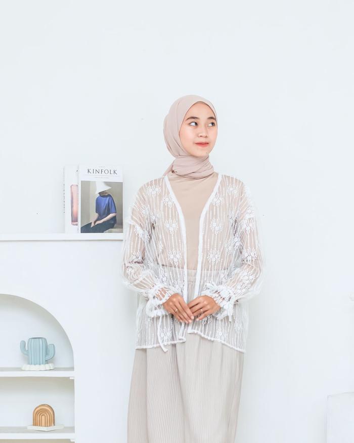 Lace Outer Bohemian MOTIF BUNGA PANJANG Muslim Putih Cardigan Rayon Kardigan Wanita