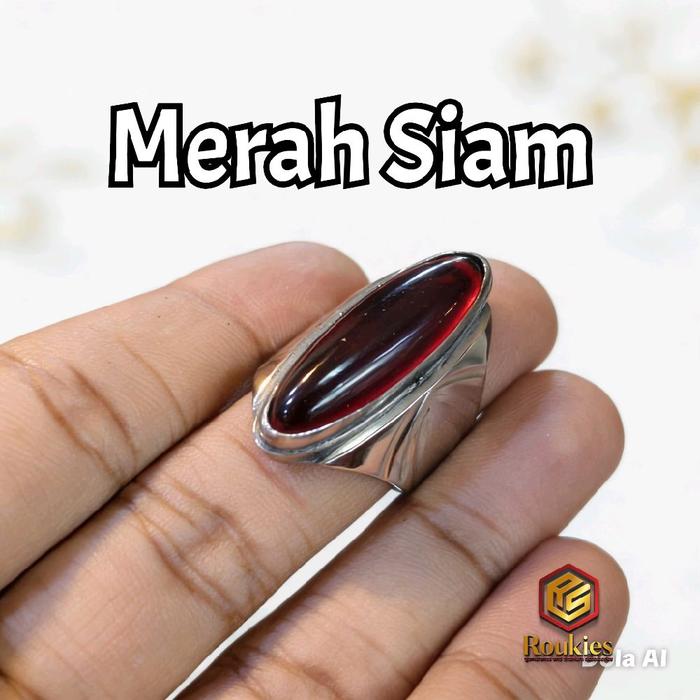 Cincin Batu Merah Siam Model Pandan/ Panjang Ring Baja Putih Monel