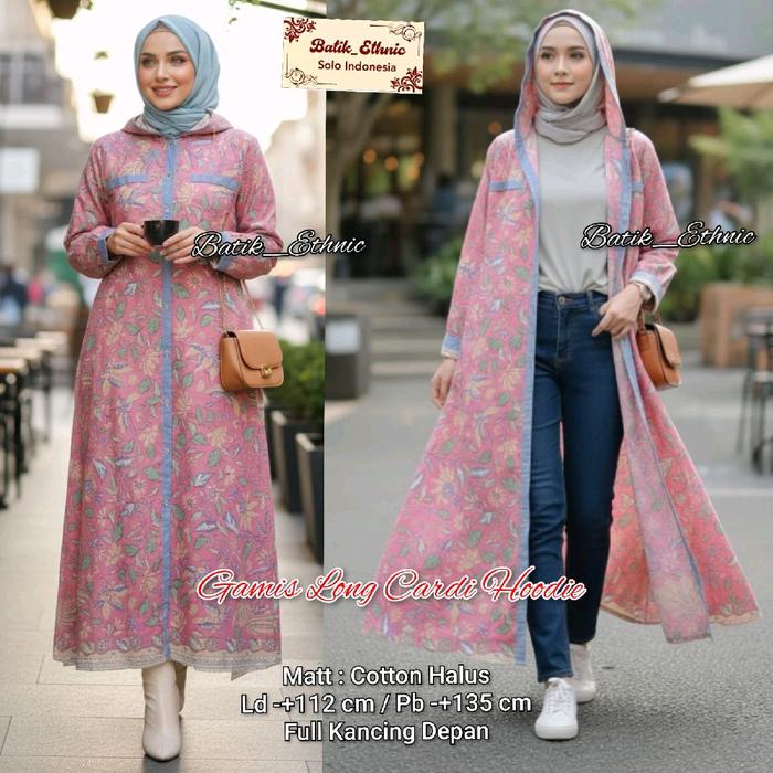 Batik Ethnic Gamis Dusty Long Cardi Hoodie Full Kancing Depan