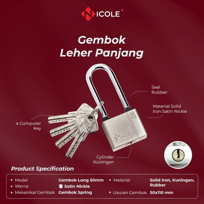Nicole Gembok Pintu Rumah Besi / Gembok Pagar / Padlock Long 50mm Leher Panjang