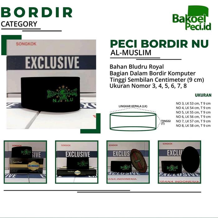 Peci BORDIR NU Songkok/Kupluk Muslim Hitam Bordir Katun Dewasa Pria - Motif, Turki, Kopiah