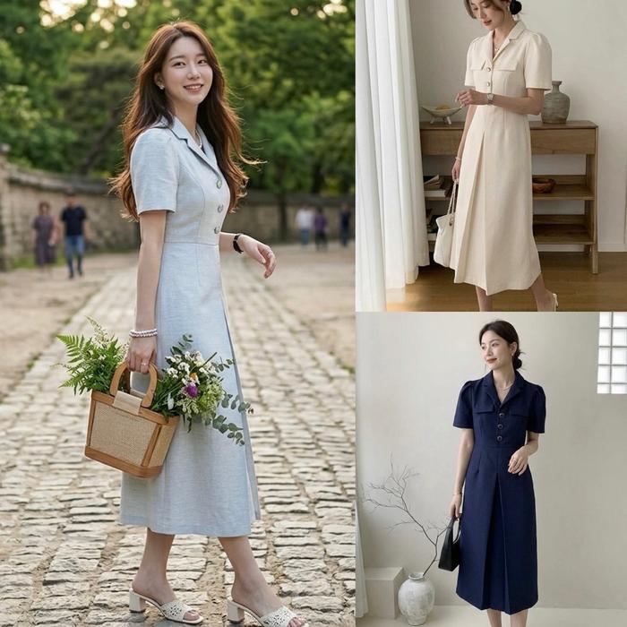 D1806 FIFE KOREAN STYLE VINTAGE MIDI DRESS TWEED SIMPLE POLOS KASUAL FORMAL KANTOR