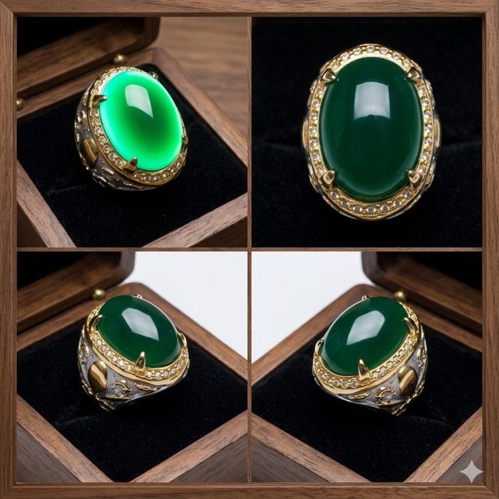 Cincin Batu Akik Bacan Cincau Hijau Kristal Big Size Titanium