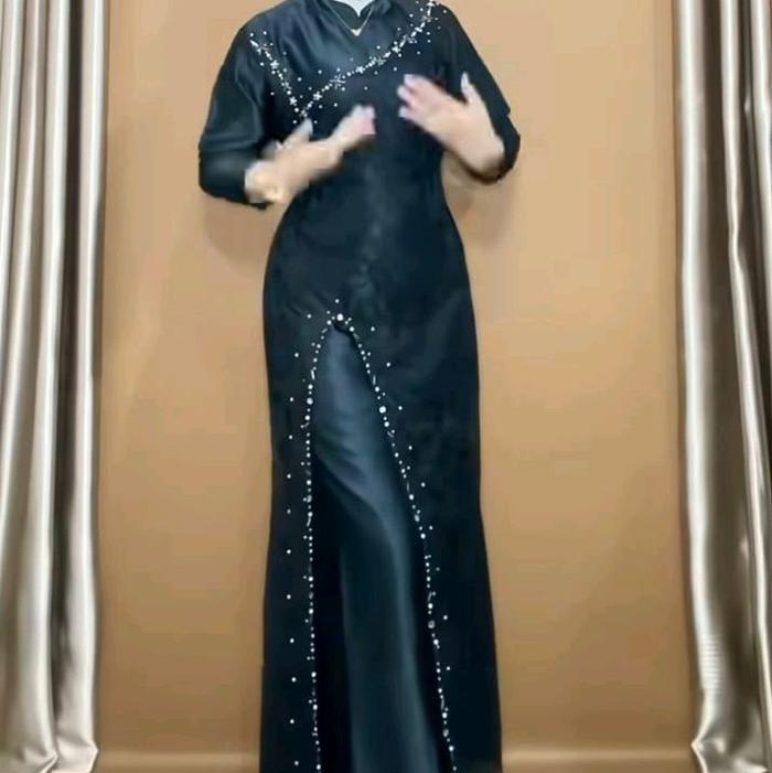 gamis satin polos kombinasi tile brokat premium model terbaru variasi Payet menambah kesan sweety lo