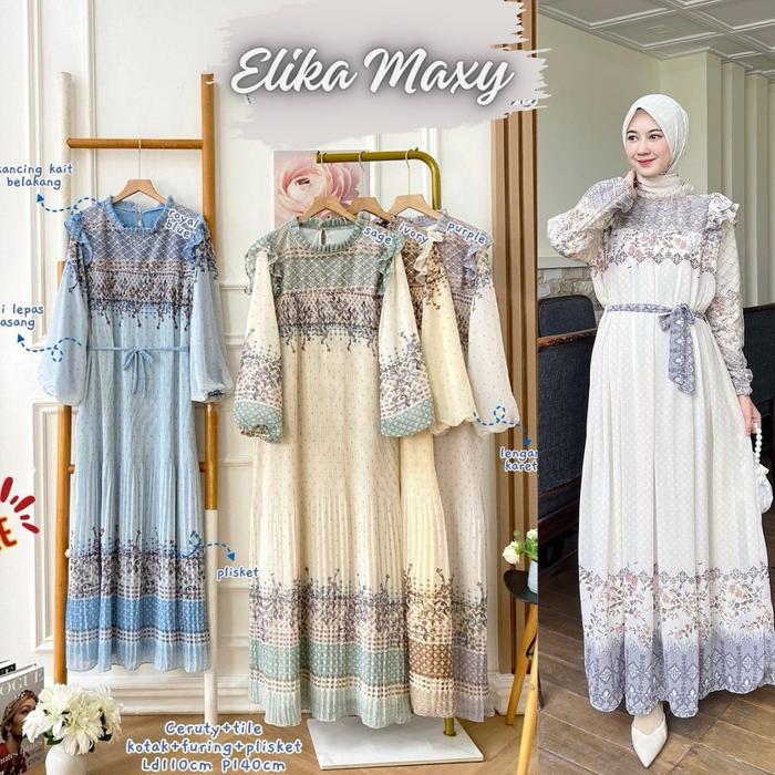 [ORI] Elika Maxy Dress Ceruty Plisket Tille/Gamis Maxy Motif Plisket Korean Import Bangkok Pesta Leb