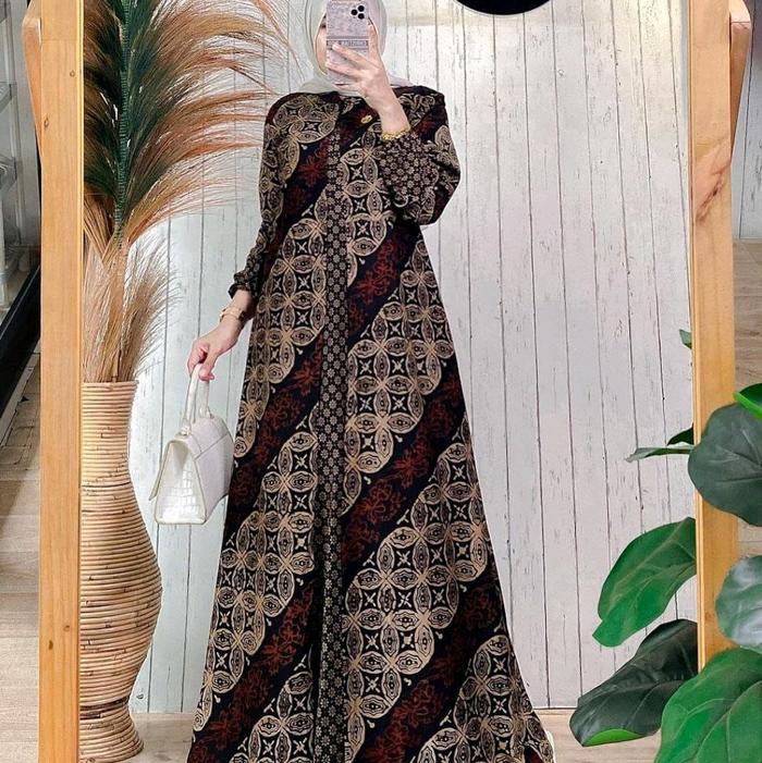 Baju Batik Gamis Cardigan Jumbo Wanita Gamis Batik Modern Motif katun Busui & Wudhu Friendly Dress P