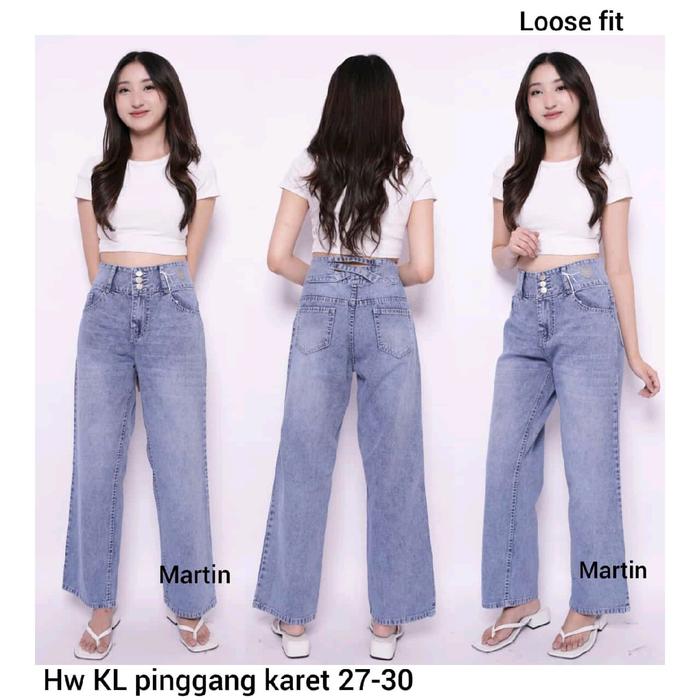 Celana Jeans Martin Kulot Cewek - Model Panjang - Waist, Karet, Denim, Wanita, Hitam, Cutbray, Dewas
