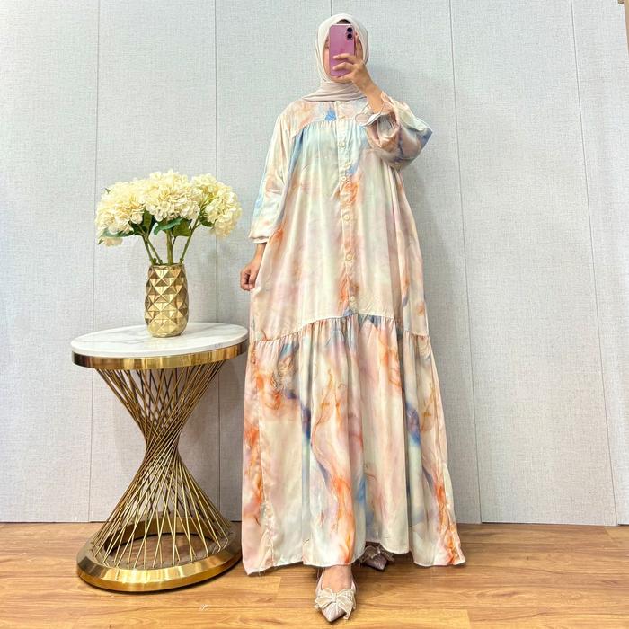 Gamis Panjang Rayon Motif Bunga Lengan Lonceng Balon Friendly Muslim Wanita Katun Rayon Premium A-li