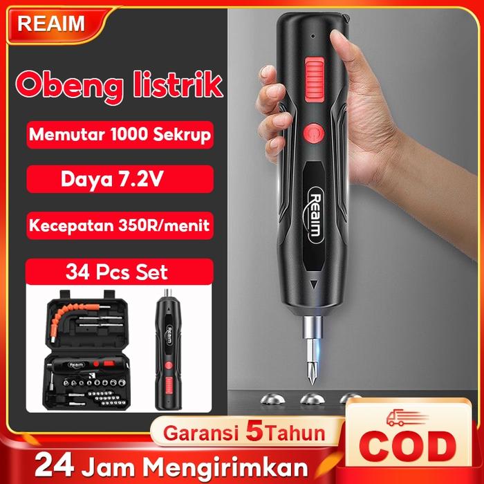 Reaim Cordless Screwdriver 4.2 V Mesin Bor Cordless Mini 34pcs Set Screwdriver Obeng Baterai Bor Cor