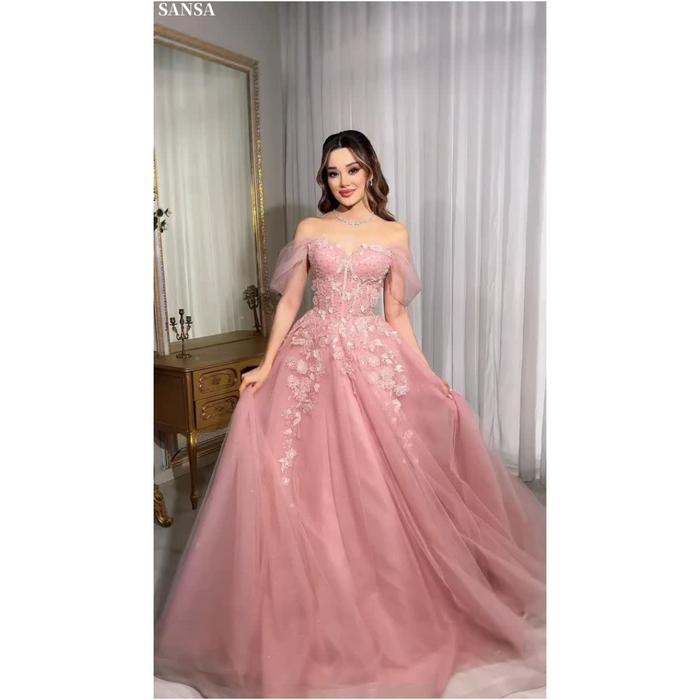 Sansa Customized Elegant Pink Off Shoulder Prom Dresses Lace Applique Tulle Ball Gown Formal Evening