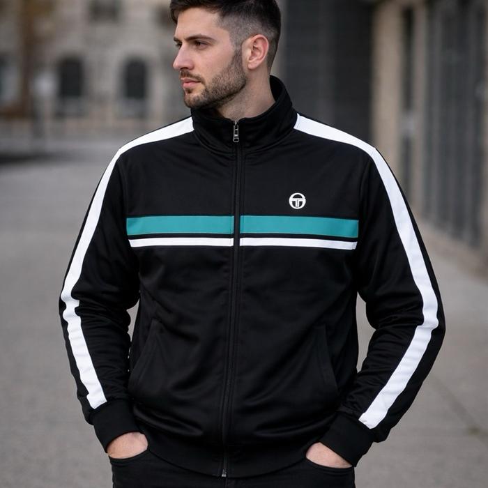 Sergio Tachini Jaket Tracktop Pria Hitam dengan Garis Putih dan Hijau Model Terbaru