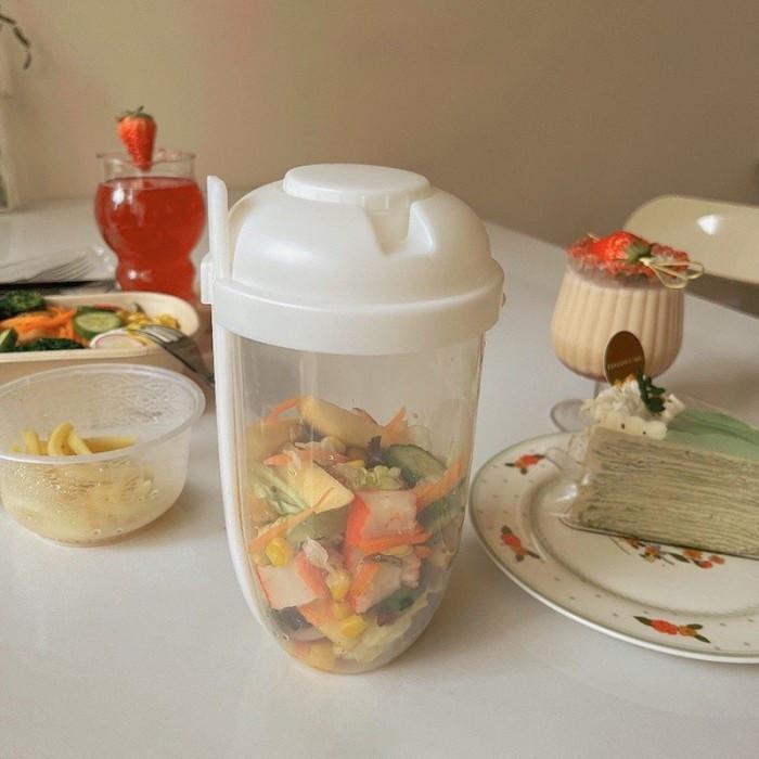 Gelas Salad PORTABLE Cangkir Kocok Salad Dengan Garpu Tempat Saus Kotak Makan Buah Sayur Salad