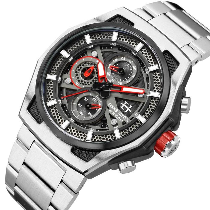!!! Evans Jayden Jam Tangan Pria EJ 9585 Rantai Stainless Steel Chronograph Kaca Sapphire Water Resi