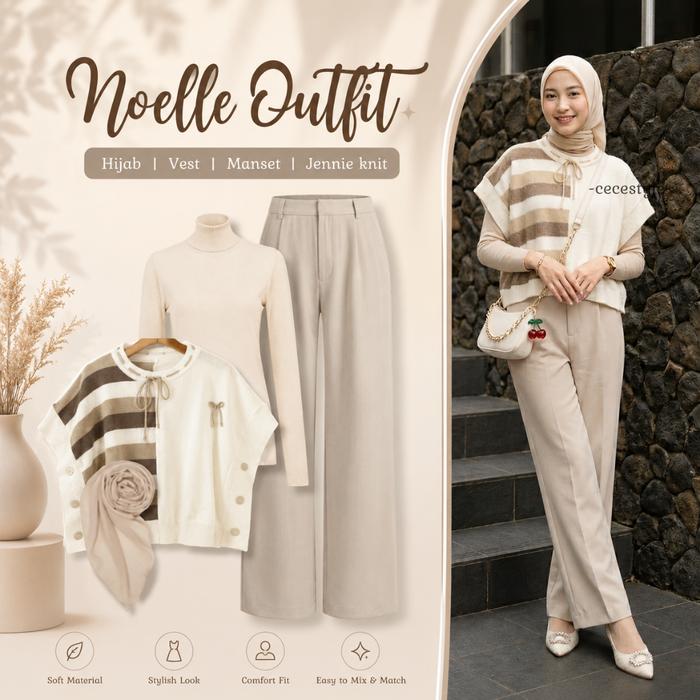 Set Remaja Wanita Kekinian Noelle Outfit (FARIDHA VEST | INNER MANSET | CELANA JENNIE KNIT | HIJAB B