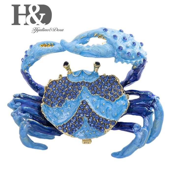 H&D Hand Painted Enameled and Jeweled Crab Trinket Box Ring Holder