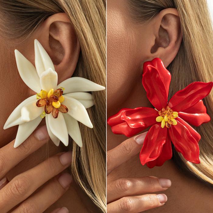 Anting-anting pejantan bunga besar tiga dimensi akrilik merah yang berlebihan, anting-anting kelopak