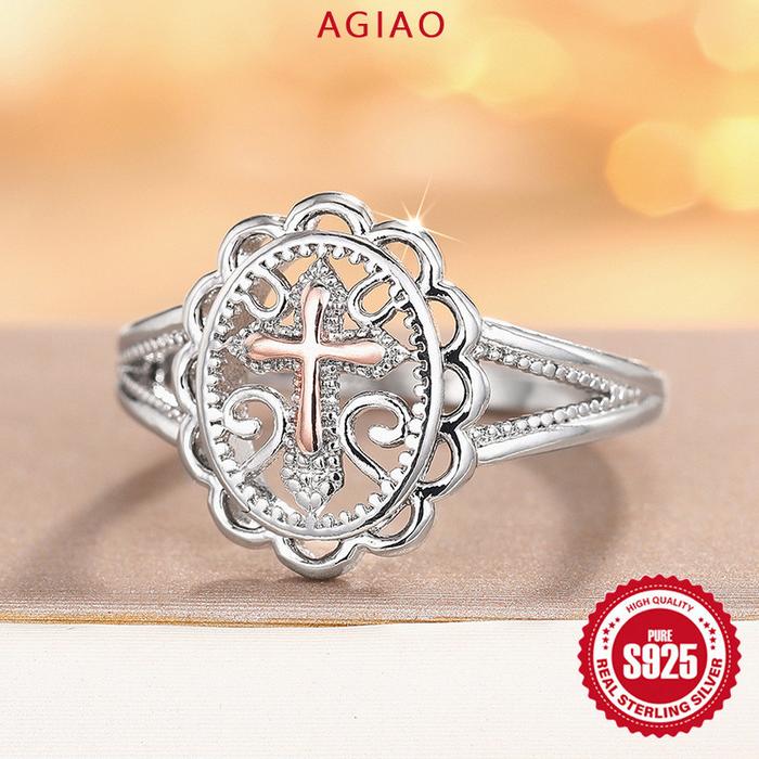 AGIAO Cincin Indah Salib Dua Warna Barok Misterius Bunga Dewi
