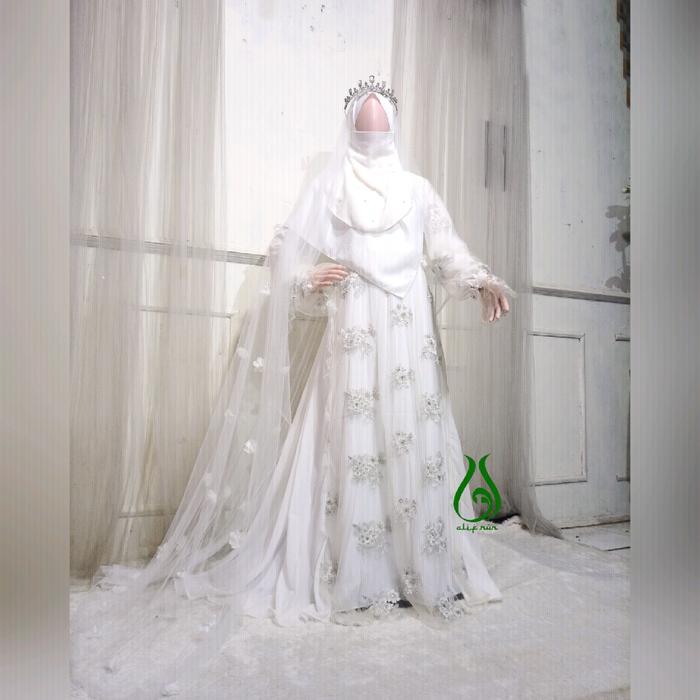 Gaun Akad Muslimah Pengantin Syar'i Dress Payet Putih Wanita