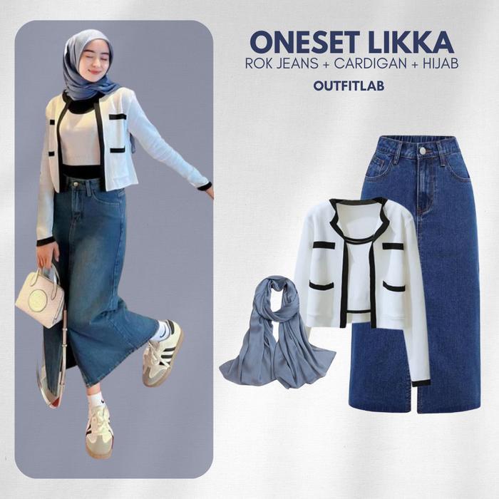 Likka Outfit Set Wanita Kekinian Cardigan Rajut + Inner Rajut + Rok Jeans + Hijab Bella Square Polly