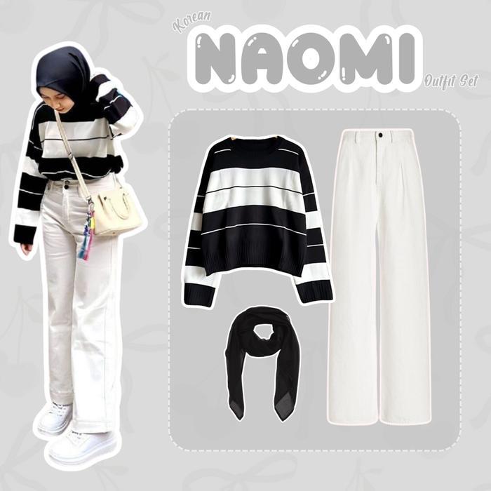 Naomi Outfit Set [ Sweater+ Celana Jeans + Hijab ] OOTD Korean Simple Cocok Untuk Hangout dan Ngampu