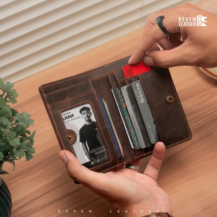Dompet 3/4 Pria Kulit Sapi Premium Lipat 2 Kancing Klip Ruang Koin Resleting Crazy Horse Leather Ker