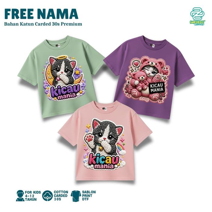 [FREE STIKER NAMA] Kaos Anak Unisex Kucing Lucu Kicau Mania Bordir Estetik Imut Trending